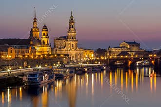 Dresden night cityscape-Bruehl Terrace, Hofkirche Church, Royal Palace, Semper Opera