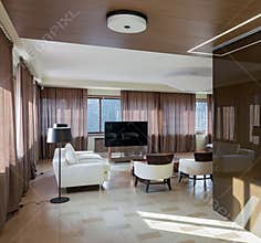 Home modern theater interior with big windows