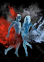 Water, Fire, Man, Woman, Love Illustration