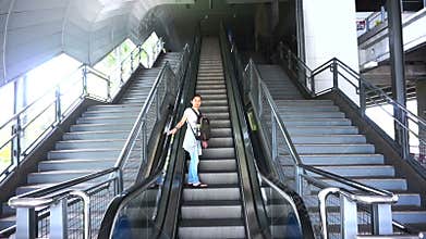 Travel abstract, asian traveller with backpack on the public transportation escalator