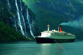 Cruise ship & waterfall