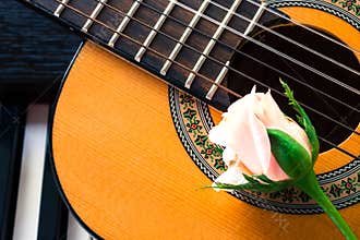 Guitar with pink rose on piano keyboard.