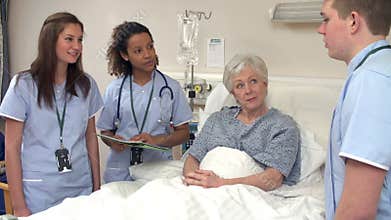 Medical Staff On Rounds Standing By Male Patient's Bed