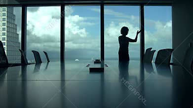 Silhouette Of Businesswoman On Mobile Phone In Boardroom