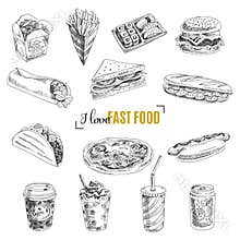 Vector set of fast food. Illustration in sketch