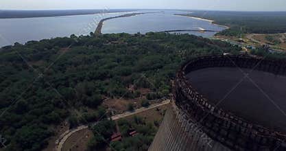Cooling tower unfinished srade of the Chernobyl nuclear power plant (Aerial)