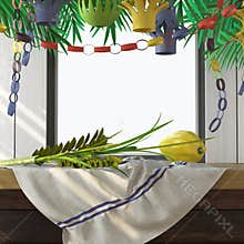 Symbols of the Jewish holiday Sukkot with palm leaves