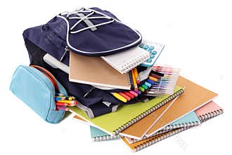 School bag, pencil case, books, pens, equipment, isolated on white background