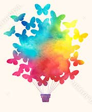 Watercolor vintage butterfly hot air balloon.Celebration festive background with balloons