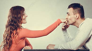 Man husband kissing woman hand. Love couple.