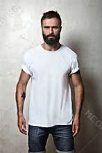 Bearded guy wearing white blank t-shirt