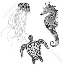 Zentangle stylized black turtle, sea horse and jellyfish. Hand D