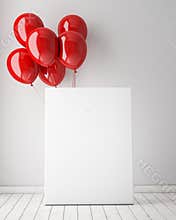 Mock up poster in interior background with red balloons,
