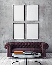 Mock up poster frames in hipster interior background,