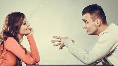 Happy couple talking on date. Conversation.