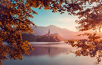 Little Island with Catholic Church in Bled Lake, Slovenia at Sunrise