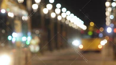 Blurred night traffic scene with buses in Barcelona