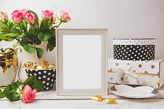Picture frame poster template mock up with glamour and elegant feminine objects