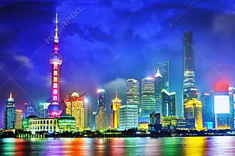 Skyline night view on Pudong New Area, Shanghai.