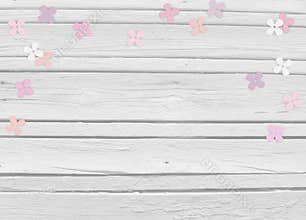 Baby shower, birthday day or wedding mockup scene with white wooden background, floral paper lilac or hydrangea confetti