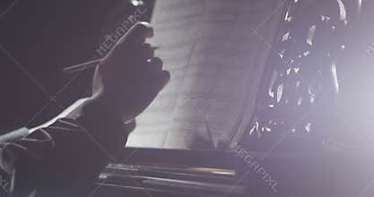 Piano music pianist hands playing. Musical instrument grand piano details