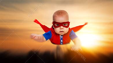 Toddler little baby superman superhero with a red cape flying th