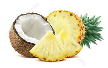 Pineapple coconut pieces composition 2 isolated on white background