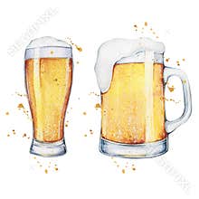 Watercolor beer glass and pint. Seamless pattern