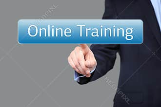 Technology, internet and networking concept - businessman pressing online training button on virtual screens