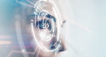 Closeup of woman eye with visual effects, on white background. Horizontal
