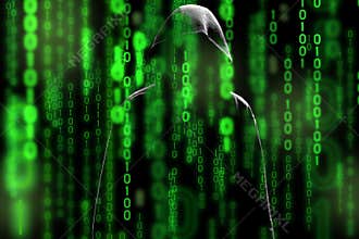 Computer hacker silhouette of hooded man with binary data screen and network security terms matrix theme