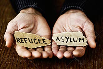 Pieces of paper with words refugee and asylum