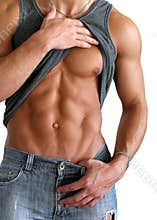 Man Showing His Six-Packs Isolated on White