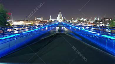 Time-Lapse-shot of Millennium Bridge and St. PaulÂ´s cathedral London by night