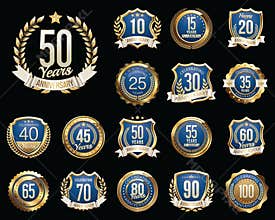Set of Golden Anniversary Badges. Set of Golden Anniversary Signs.
