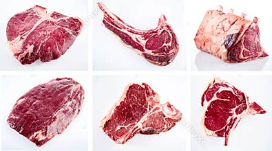 Collage of various cuts of raw beef steak