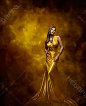 Woman Fashion Model Gold Dress, Beauty Girl in Glamour Gown