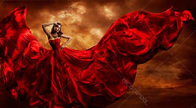Woman Red Dress Flying Silk Fabric, Fashion Model Dance Storm