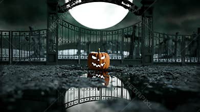 Halloween pumpkin in a spooky graveyard. Horror night. Hallowenn concept. realistic animation