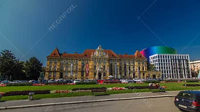 A view of the Museum of Arts and Crafts timelapse hyperlapse in Zagreb during the day. ZAGREB, CROATIA