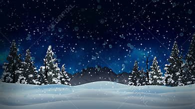 Animation snowy and snow winter landscape with dry and christmas trees and mountain background