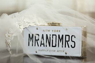 Bridal veil with Mr and Mrs placard