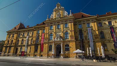 A view of the Museum of Arts and Crafts timelapse hyperlapse in Zagreb during the day. ZAGREB, CROATIA