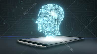 Brain shape of head connect digital lines on smart phone, mobile, smart pad, grow artificial intelligence
