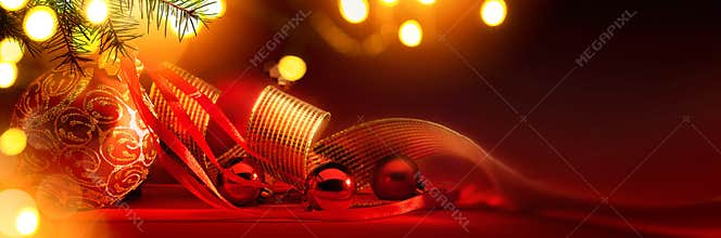 Merry Christmas; Holidays background with Xmas tree decoration