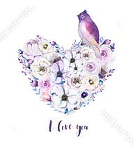Watercolor vintage rose floral piony heart bouquet. Boho spring
