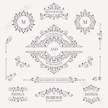 Set of decorative elements. Decorative monograms, borders, frame