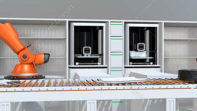 3D printers and robotic arms in production line