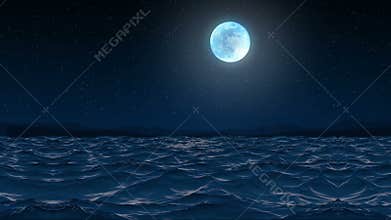 Seamless 3d Animation sea wave and ripple on the seaside shore beach at night with sparkling stars and moon glowing in 4k ultra hd