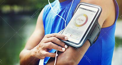 Man Running Tracker Armband Outdoors Concept